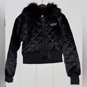 Juicy Couture Aviator Black Quiled‎ Bomber Jacket L NEW Detachable Fur Collar
